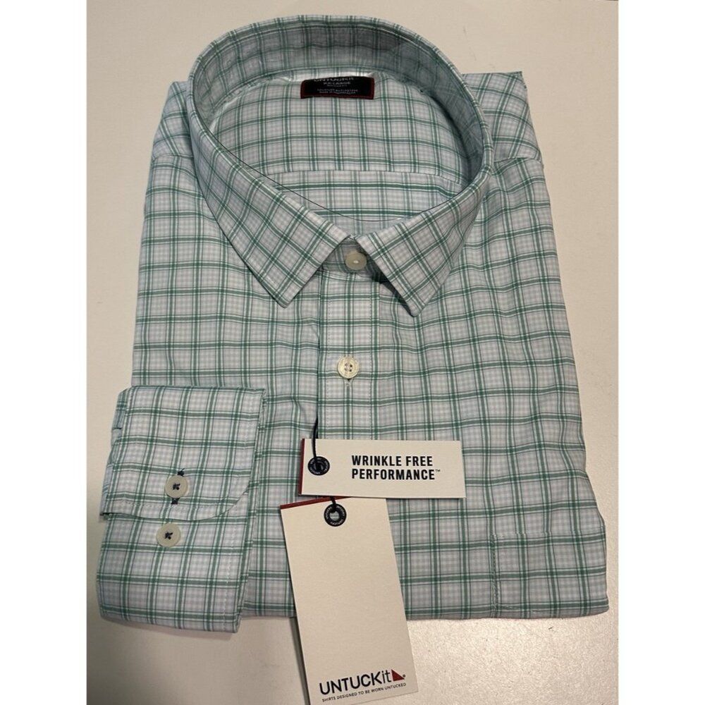 NWT Untuckit Wells Men 2XL regular Fit button Down Shirt Wrinkle Free Green